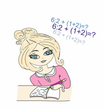 Illustration of a young girl sat at her desk writing in a book