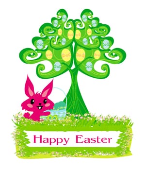 Illustration of happy Easter bunny carrying egg