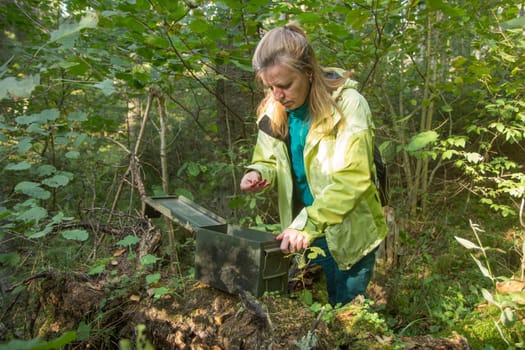 A woman in woods finds a large geocaching container.