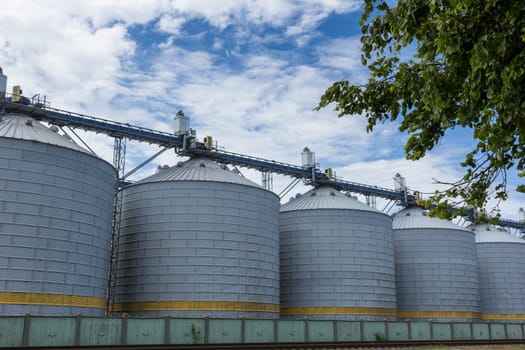 Big metal grain terminal tanks in a row