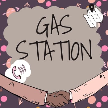 Text caption presenting Gas Station, Concept meaning for servicing motor vehicles especially with gasoline and oil Empty frame decorated with communication symbols represent business meeting