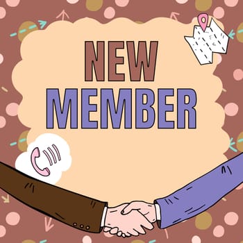 Hand writing sign New Member, Business overview recruiting employee to company or team Birth of fresh child Empty frame decorated with communication symbols represent business meeting