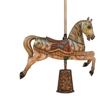 an old wooden carousel horse isolated on white background
