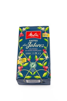 WETZLAR, GERMANY 2022-08-02: Package of half a kilo of vacuum packed roasted Brazilian coffee of brand Melitta.