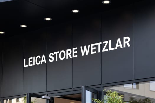 WETZLAR, GERMANY - 2021-10-01: Leica Logo from Leica Store in Wetzlar. Industrial part of Wetzlar, Headquater from Leica factory.