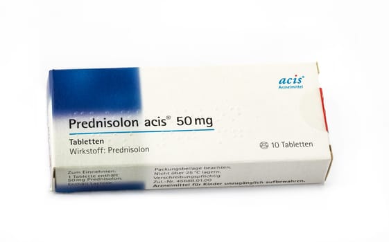 WETZLAR, GERMANY 2022-07-18: Prednisolone Pills 50 mg. Packages of Prednisolon. Prednisolon pills in cardboard box.