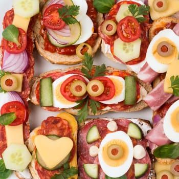 Top view close-up photo of different decorated sandwiches as appetizer.