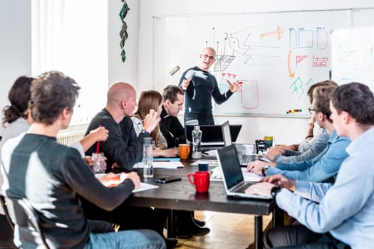 Relaxed informal IT business startup company meeting. Team leader discussing and brainstorming new approaches and ideas with colleagues. Startup business and entrepreneurship concept.