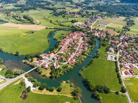 Kostanjevica na Krki Medieval Town Surrounded by Krka River, Slovenia, Europe. Aerial view