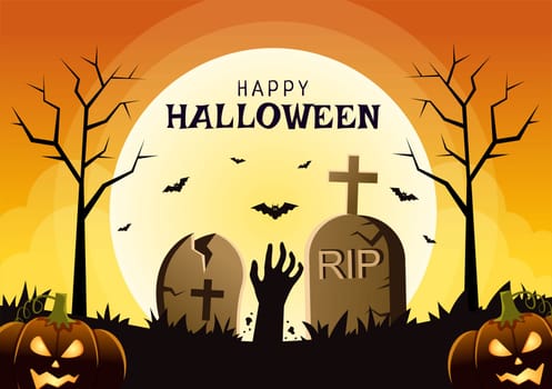 Happy Halloween Template Background Hand Drawn Cartoon Flat Illustration with Pumpkins, Bats and Dark Castle on Full Moon For Add Your Design Style