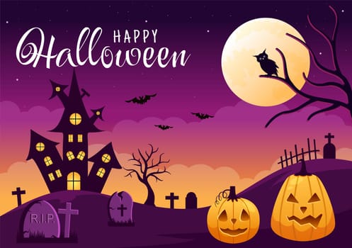 Happy Halloween Template Background Hand Drawn Cartoon Flat Illustration with Pumpkins, Bats and Dark Castle on Full Moon For Add Your Design Style