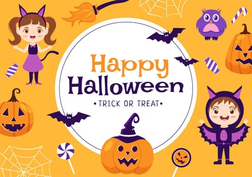 Happy Halloween Template Background Hand Drawn Cartoon Flat Illustration with Children Wearing Various Costumes, Haunted House, Pumpkins, Bats and Full Moon