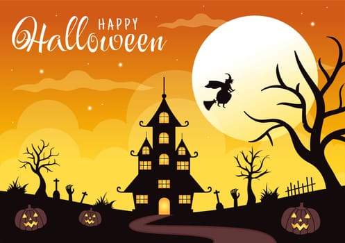 Happy Halloween Template Background Hand Drawn Cartoon Flat Illustration with Pumpkins, Bats and Dark Castle on Full Moon For Add Your Design Style