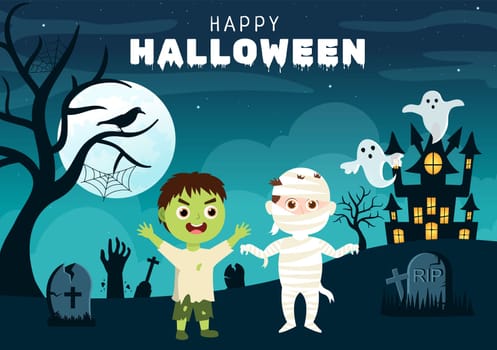Happy Halloween Template Background Hand Drawn Cartoon Flat Illustration with Children Wearing Various Costumes, Haunted House, Pumpkins, Bats and Full Moon