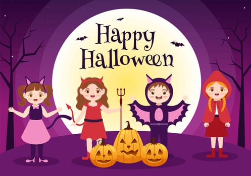 Happy Halloween Template Background Hand Drawn Cartoon Flat Illustration with Children Wearing Various Costumes, Haunted House, Pumpkins, Bats and Full Moon