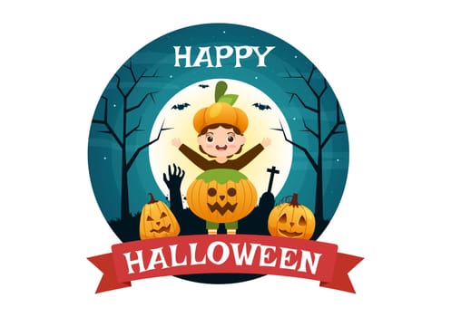 Happy Halloween Template Background Hand Drawn Cartoon Flat Illustration with Children Wearing Various Costumes, Haunted House, Pumpkins, Bats and Full Moon