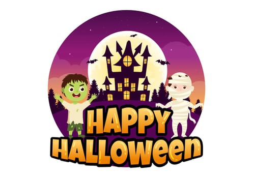 Happy Halloween Template Background Hand Drawn Cartoon Flat Illustration with Children Wearing Various Costumes, Haunted House, Pumpkins, Bats and Full Moon
