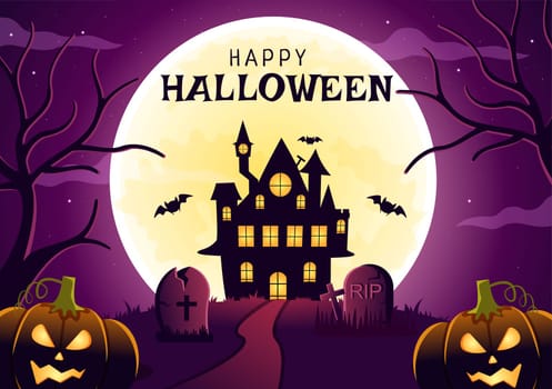 Happy Halloween Template Background Hand Drawn Cartoon Flat Illustration with Pumpkins, Bats and Dark Castle on Full Moon For Add Your Design Style
