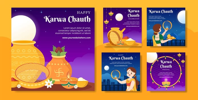 Karwa Chauth Festival Indian Social Media Post Template Hand Drawn Cartoon Flat Illustration