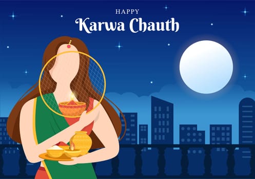 Karwa Chauth Festival Indian Background Template Hand Drawn Cartoon Flat Illustration