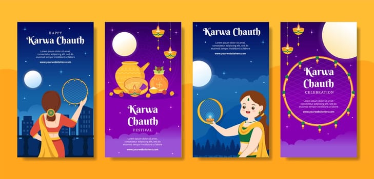Karwa Chauth Festival Indian Social Media Stories Template Hand Drawn Cartoon Flat Illustration