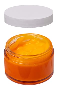 Cosmetic labels. Closeup of an cosmetic jar of concealer cream, makeup foundation, moisturising cream for the face or an other beauty or make-up product isolated on a white background.