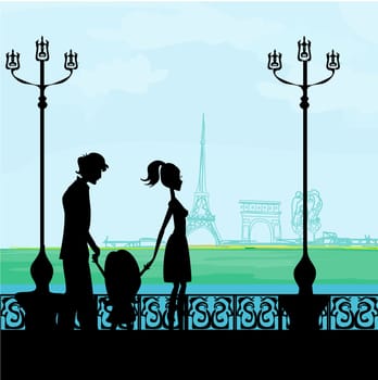 family in Paris, with the Eiffel Tower