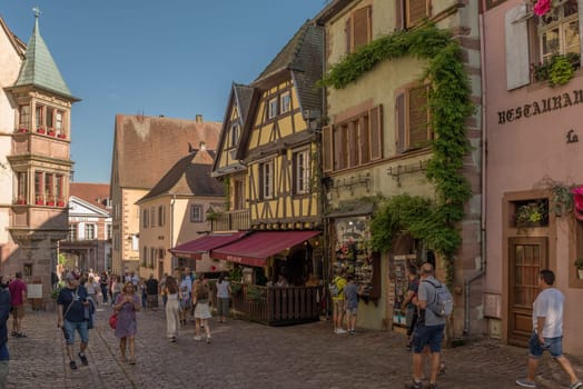 View along a street in the medieval village of Riquewihr, Alsace, France