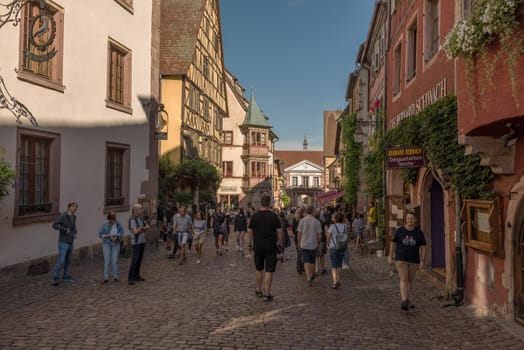 View along a street in the medieval village of Riquewihr, Alsace, France