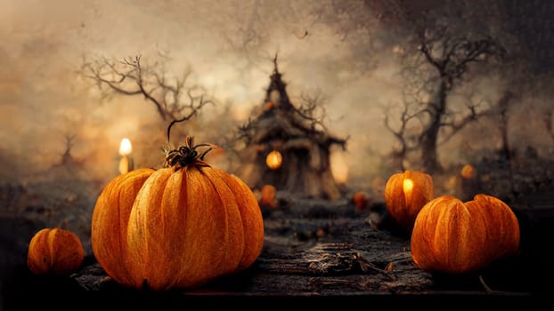 Halloween greeting card with pumkins and mysterious trees, dark and scary night in autumn, illustration