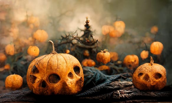 Halloween greeting card with pumkins and mysterious trees, dark and scary night in autumn, illustration