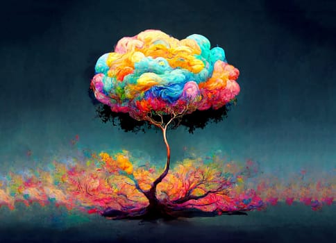 Colorful dreamlike tree with copy space, cloud in rainbow colors, abstract landscape, optimism concept