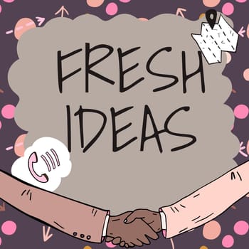 Conceptual display Fresh Ideas, Word for thought or suggestion as to possible course of action Empty frame decorated with communication symbols represent business meeting