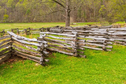 An Old Split Rail Fence an a Meadow in the Great Smoky Mountains in North Carolina