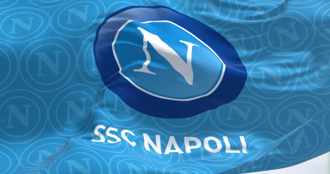 Naples, Italy, July 2022: The flag of SSC Napoli waving. SSC Napoli is a professional football club based in Naples, Italy.