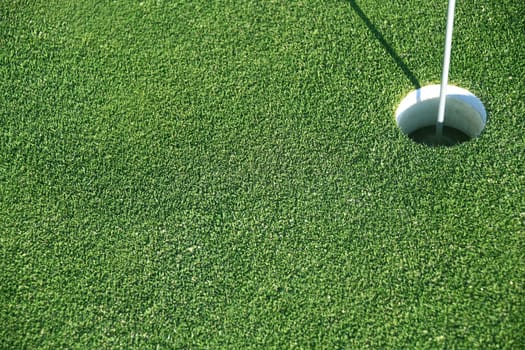 A rich green golf green as a background with a hole as a target. The lawn is cut short and the hole is marked with a flag. The sport is very popular.