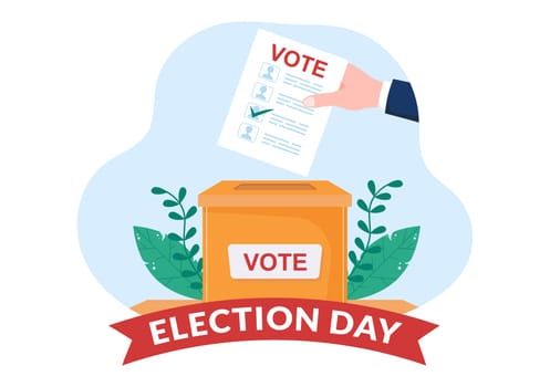 Election Day Political Hand Drawn Cartoon Flat Illustration with Voters Casting Ballots at Polling Place in United States Suitable for Poster or Campaign