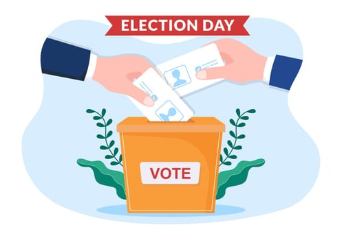 Election Day Political Hand Drawn Cartoon Flat Illustration with Voters Casting Ballots at Polling Place in United States Suitable for Poster or Campaign