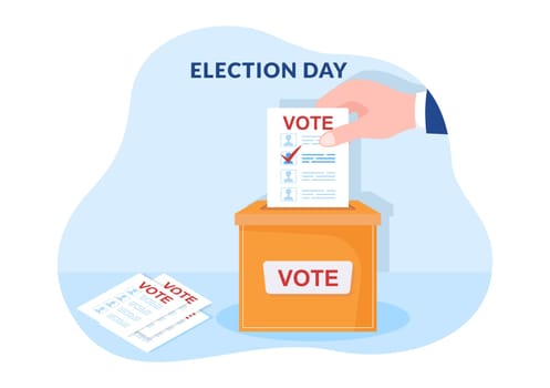 Election Day Political Hand Drawn Cartoon Flat Illustration with Voters Casting Ballots at Polling Place in United States Suitable for Poster or Campaign