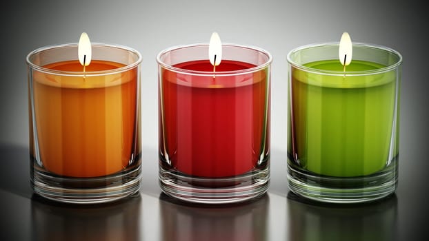 Colorful lit candles inside glasses. 3D illustration.