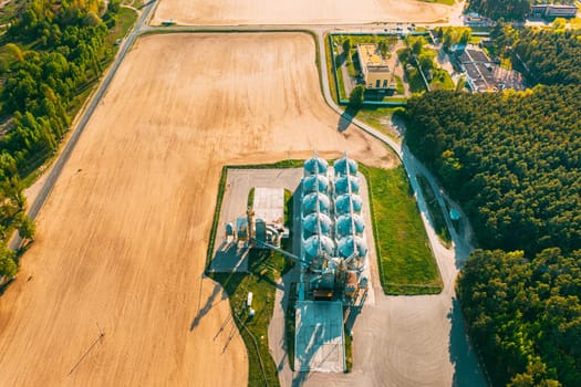 Aerial View Modern Granary, Grain-drying Complex, Commercial Grain Or Seed Silos In Sunny Spring Rural Landscape. Corn Dryer Silos, Inland Grain Terminal, Grain Elevators Standing In A Field.