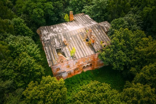 Dziemjanki, Gomel Region, Belarus. Aerial View Of Abandoned Dilapidated Manor House Gerard Nicholas Chernobyl Resettlement Zone. Chornobyl Catastrophe Disasters. Local Landmark And Heritage.