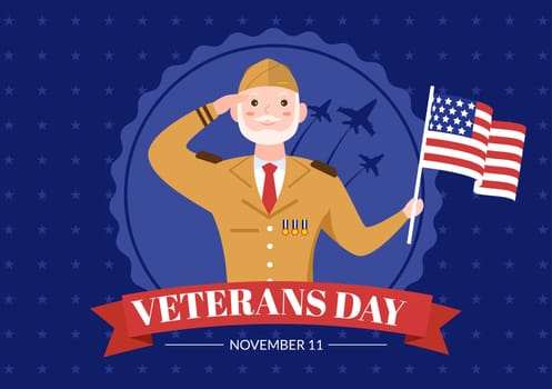 Veterans Day on November 11 Template Hand Drawn Cartoon Flat Illustration with USA Flag and Army to Honoring All Who Served