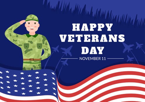 Veterans Day on November 11 Template Hand Drawn Cartoon Flat Illustration with USA Flag and Army to Honoring All Who Served