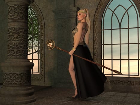 Queen Regent of a medieval castle carries a staff and wears a crown.