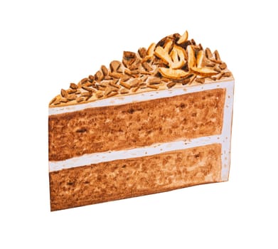 Chocolate cake with almonds slice. Watercolor hand drawn illustration isolated on white background.