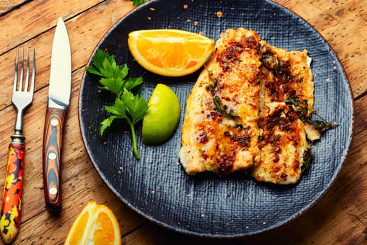 Fish fillet grilled with orange, delicious seafood.