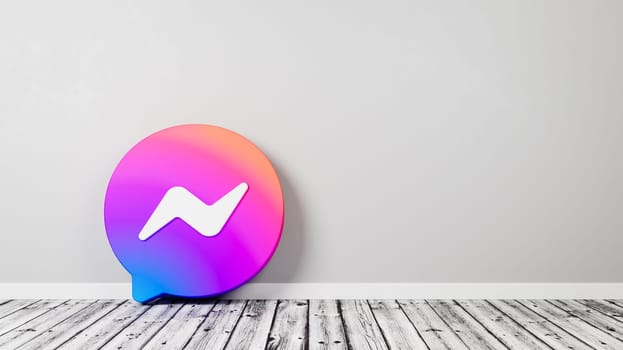 Messenger Logo 3D Symbol Shape on Wooden Floor Against Gray Wall with Copy Space 3D Render Illustration