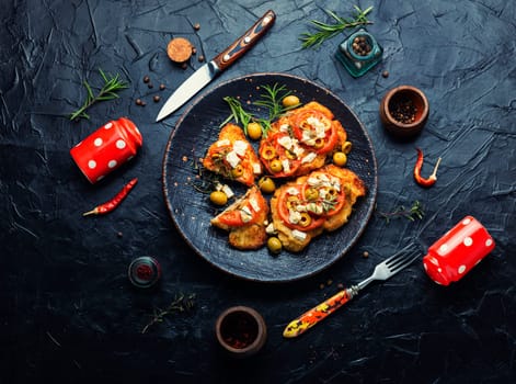Schnitzel, breaded and fried thin layer of meat. Cretan schnitzel.