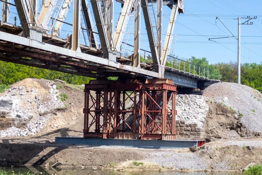 The blown up railway bridge over the Irpen River. War in Ukraine. Panorama. The city of Irpin in the Kyiv region